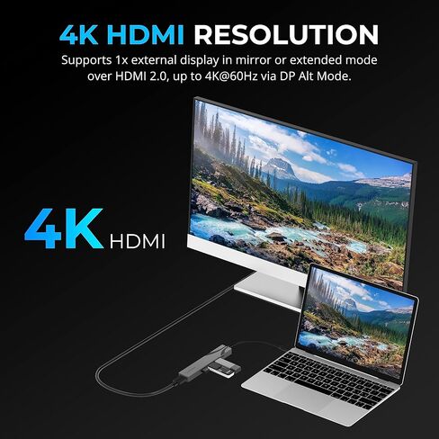 موزع SABRENT USB-C متعدد المنافذ مع توصيل الطاقة، مخرج HDMI، 3 منافذ USB A، 4K@60 هرتز، 90 وات PD، ألومنيوم [HB-SHPU] in Kuwait