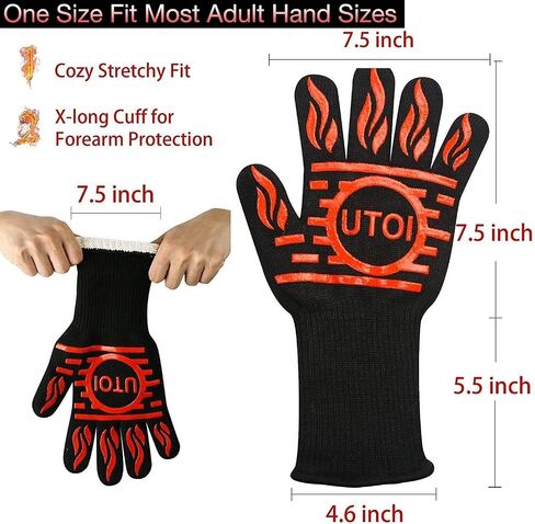 BBQ Grill Gloves, 1472°F Heat Resistant Barbecue Gloves Oven Mitts for Kitchen BBQ Grilling and Outdoor Cooking Campfire Fireplace Accessories, 1 Pair, 13 inch Long Oven Gloves with Fingers, XL in Saudi Arabia