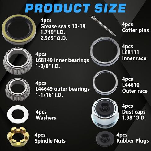 2Sets L44649 L44610 Trailer Hub Bearings Kit for 1-1/16'' Straight Axle, Trailer Spindle Bearing Kits with 12192TB Grease Seals, 1.98'' Dust Caps & Cotter Pin for 2000-2200 lbs Spindles in Kuwait