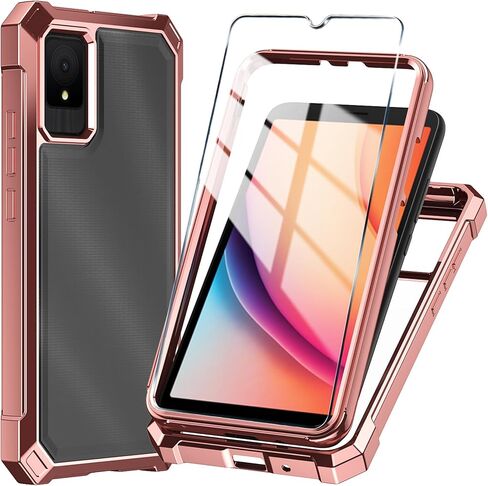 for TCL K11 Phone Case + Tempered Glass Screen Protector,Electroplated PC Front Frame Soft TPU Transparent Back Cover for TCL K11 (Rose Gold) in Saudi Arabia