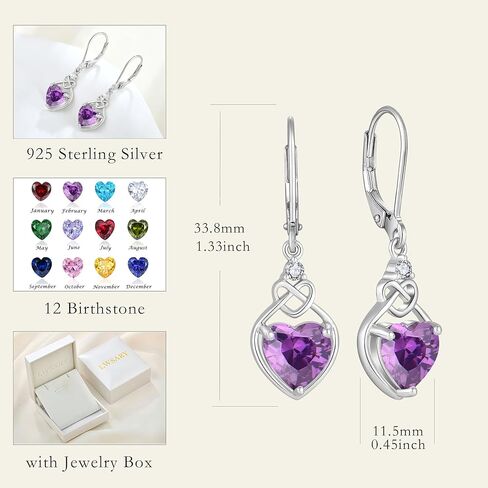 Heart Celtic Knot Drop Earrings for Women, 925 Sterling Silver Love Dangle Earrings with Heart Cut AAAAA Cubic Zirconia 12 Birth Stone Color in Kuwait