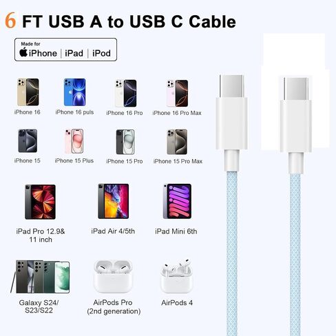 كابل شحن USB C إلى USB C لهاتف iPhone 16، [معتمد من Apple MFi] قطعتان بطول 6 أقدام 60 وات من النوع C إلى C سلك شاحن سريع لهاتف iPhone 15/16، 15/16 Pro، 15/16 Plus، 15/16 Pro Max، لجهاز MacBook برو/اير، سلك شحن آيباد in Saudi Arabia