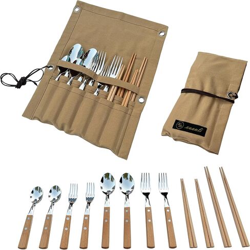 Premium Stainless Steel 12 Piece Camping Cutlery Set, Camping Utensil Set of 4 for Family, Hiking & Backpacking Utensils, Camping Flatware Including Durable Fork Spoon & Chopsticks & Brown Bag in Saudi Arabia