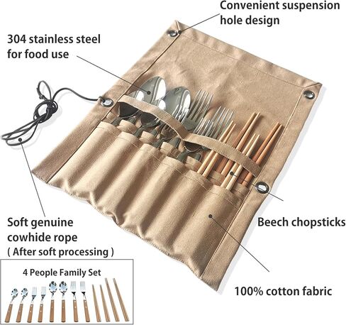 Premium Stainless Steel 12 Piece Camping Cutlery Set, Camping Utensil Set of 4 for Family, Hiking & Backpacking Utensils, Camping Flatware Including Durable Fork Spoon & Chopsticks & Brown Bag in Saudi Arabia