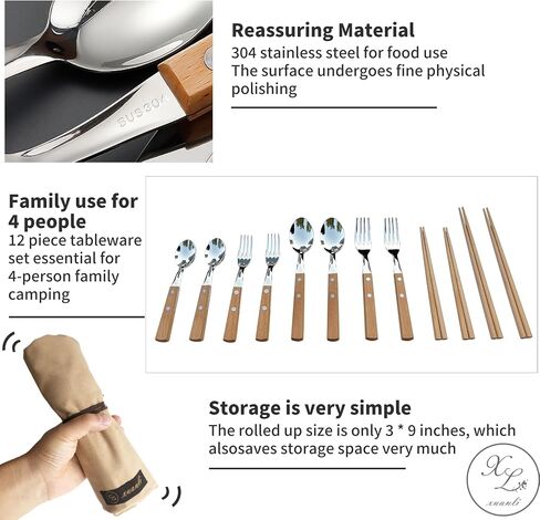 Premium Stainless Steel 12 Piece Camping Cutlery Set, Camping Utensil Set of 4 for Family, Hiking & Backpacking Utensils, Camping Flatware Including Durable Fork Spoon & Chopsticks & Brown Bag in Saudi Arabia