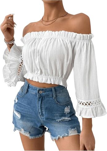 MakeMeChic Women's Frill Trim Off Shoulder Blouse Flare Sleeve Summer Shirt Crop Tops in Saudi Arabia