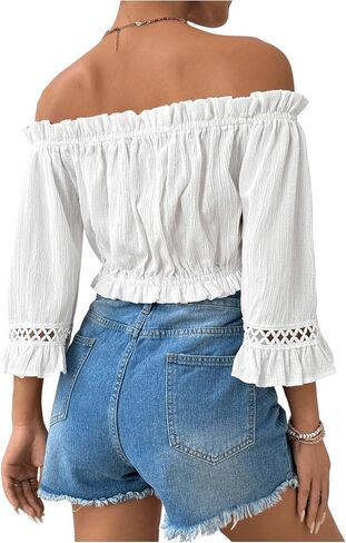 MakeMeChic Women's Frill Trim Off Shoulder Blouse Flare Sleeve Summer Shirt Crop Tops in Saudi Arabia