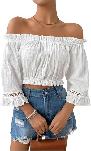 MakeMeChic Women's Frill Trim Off Shoulder Blouse Flare Sleeve Summer Shirt Crop Tops in Saudi Arabia