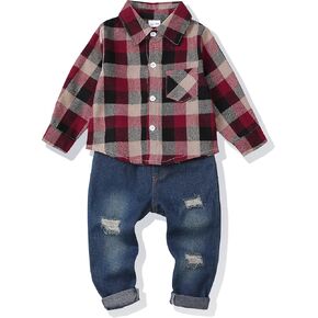 Renotemy Toddler Baby Boy Clothes Outfits Baby Boy Plaid Sweatsuit Jeans Denim Fall Winter Pants Set Toddler Clothes For Boys