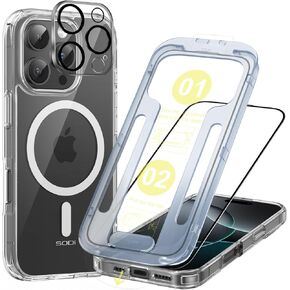 SODI 3 in 1 Magnetic Phone Case Designed for iPhone 16 Pro with 1X Screen Protector & 1X Camera Lens Protector, Military-Grade Protection Phone Case Compatible with MagSafe [Not-Yellowing],Clear