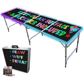 PARTYPONG PartyTable 8 Foot or 4 Foot Portable Folding Adjustable Table w/LED Lights & Erasable Surface