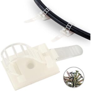 HS Wire Management Clips Clear with Screw Hole (50 Pack) Adjustable Zip Ties Straps 3 Inch with 3M Adhesive Tape,Cable Fasteners for Christmas Lights,Desk,Wall to Hold Extension Cord