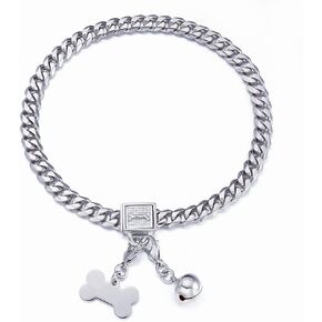 Silver Cuban Link Dog Collar Chew Proof Metal Stainless Steel Dog Chain Collar with CZ Lock,ID Tag and Bell 11/15/19MM for Small Medium Large Dogs(11mm,18inch)