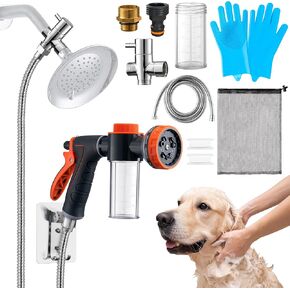 MALLMALL6 Dog Washing Hose Attachment with 100cc Soap Dispenser, 10-in-1 Spray Modes Foam Nozzle Sprayer with Metal 3-Way Shower Diverters & 6.6Ft Long Hose for Pet Bathroom Showering Indoor Outdoor