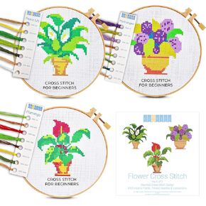 Kraftex Floral Stamped Cross Stitch Kits for Beginners - 3 Pack. DIY Embroidery Needlepoint Patterns for Adults and Kids. Easy Cross Stitch Kits for Beginners