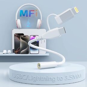 Lightning and USB C to 3.5mm Headphone Adapter 2 in 1 iPhone and Type c to 3.5mm Aux Audio Dongle Cable Cord iPhone to 3.5mm Headphone Converter Compatible with iPhone 16 15 14 13 12 11 X Samsung