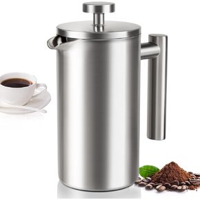 French Press Coffee Maker, Sturdy Insulated Coffee Press, Stainless Steel Mini Camping Coffee Maker, Small French Press, Elegant Travel Coffee Pot, 1-2 Cup Capacity, Silver 12 OZ/350ml