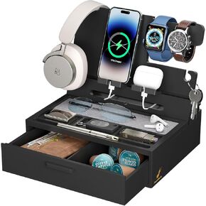 Pezin & Hulin Wood Nightstand Organizer Tray, Bamboo Phone Docking Station with Drawer, Bedside Valet Tray for Multi-Device, Ideal for Husband Him Boyfriend Graduation Christmas (Natural)