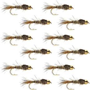 The Fly Fishing Place Bead Head Gold Ribbed Hare's Ear Nymph Fly Fishing Flies - Set of 12 Flies Hook Size 16 - One Dozen