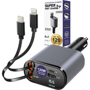 Multi Charge Pro Car Charger USB C and Lightning Car Charger Fast Charging, 120W 4-Port USB-C & USB-A and Lightning Android, Tablets High-Speed Charging Retractable Car Charger Retractable Cord