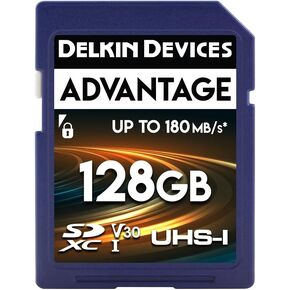 Delkin Devices 128GB Advantage SDXC Memory Card UHS-I - Up to 100MB/s Write, 180MB/s Read, Memory Cards for Cameras with C10, U3, V30, 4K UHD, Full Size SD Card