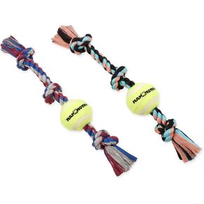 Mammoth Flossy Chews Color 3 Knot Tug w/Mini Tennis Ball – Premium Cotton-Poly Tug Toy for Dogs – Interactive Rope Dog Toy 11" - 2 Pack Assorted Colors
