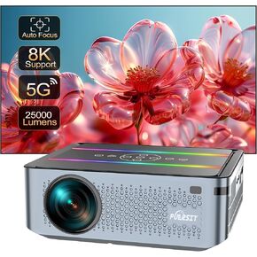 [Auto Focus 4K/8K Support] Projector with 5G WIFI and Bluetooth, 25000lux Outdoor Movie Projector, Portable Theater Projector Compatible with HDMI USB/iPhone/Android/TV Stick/HDMI/USB/Laptop/DVD/PS5