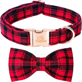 Tunkoo Christmas Dog Collar with Bow Tie - Super Cute Red Cotton Plaid Pet Collar, Adjustable Available in Small Medium Large for Girls Boys Dogs, M
