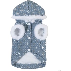 BAMY Winter Cat Denim Coat Sequins Pet Cotton-Padded Jacket Warm Thickened Dog Hoodie Cold Weather Puppy Costume Clothes (S (Chest Circumference 15.7in))
