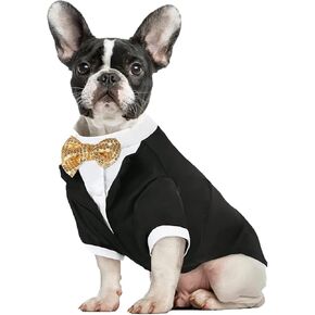 Formal Tuxedo, Dog Wedding Tux with Gold Bow Tie, Pet Clothes for Small Dogs, Wedding Attire Suit Party Outfit (Medium)