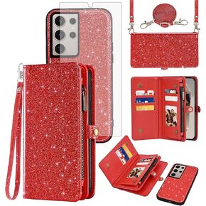 Asuwish Phone Case for Samsung Galaxy S24 Ultra 5G Zipper Wallet Detachable Cell Cover with Tempered Glass Screen Protector Wrist Strap Flip Card Holder Slot S24Ultra 24S S 24 24Ultra Women Rosegold