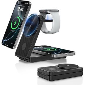 Wireless Charger for iPhone 16 Pro Max, Dual MagSafe Charger for iPhone 15/14/13/12/AirPods 4 3 Pro, 3 in 1 Foldable iPhone Charging Station, Watch Charger for Apple iWatch Series (for Travel)