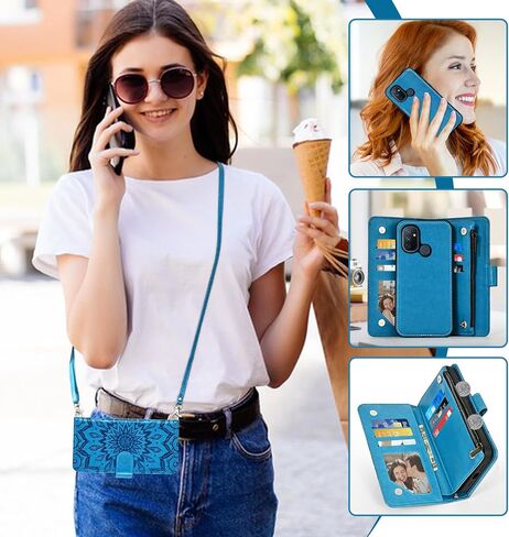 Phone Case for OnePlus Nord N100 Zipper Wallet Magnetic Detachable Cell Cover with Screen Protector Crossbody Lanyard Strap Flip Card Holder Slot One Plus N 100 4G 1 Plus 1plus One+ 1+ 100N Gray in Saudi Arabia