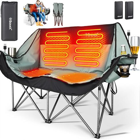 كرسي تخييم مزدوج مُدفأ، كرسي تخييم مُدفأ كرسي قابل للطي لشخصين مع بطاريتين بقدرة 20000 مللي أمبير في الساعة، كرسي محمول مُدفأ للرياضات الخارجية يصل إلى 550 رطل (مع حامل زجاج نبيذ وحامل أكواب) in Kuwait