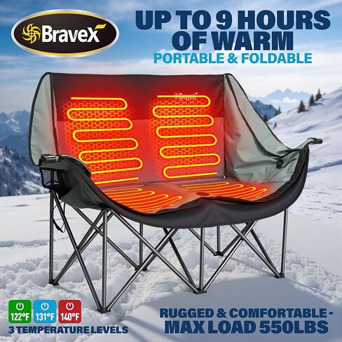 كرسي تخييم مزدوج مُدفأ، كرسي تخييم مُدفأ كرسي قابل للطي لشخصين مع بطاريتين بقدرة 20000 مللي أمبير في الساعة، كرسي محمول مُدفأ للرياضات الخارجية يصل إلى 550 رطل (مع حامل زجاج نبيذ وحامل أكواب) in Kuwait