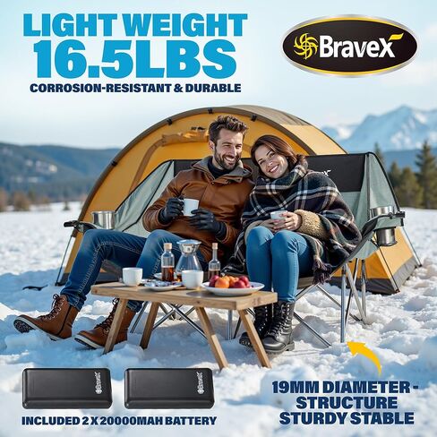 كرسي تخييم مزدوج مُدفأ، كرسي تخييم مُدفأ كرسي قابل للطي لشخصين مع بطاريتين بقدرة 20000 مللي أمبير في الساعة، كرسي محمول مُدفأ للرياضات الخارجية يصل إلى 550 رطل (مع حامل زجاج نبيذ وحامل أكواب) in Kuwait