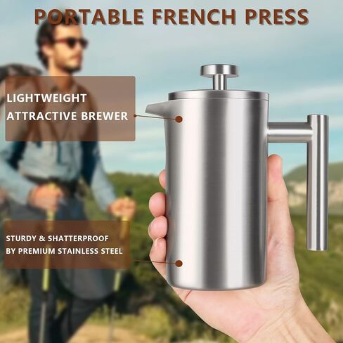 French Press Coffee Maker, Sturdy Insulated Coffee Press, Stainless Steel Mini Camping Coffee Maker, Small French Press, Elegant Travel Coffee Pot, 1-2 Cup Capacity, Silver 12 OZ/350ml in Saudi Arabia