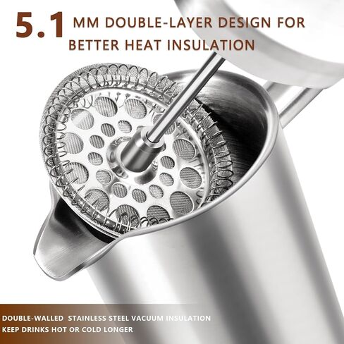 French Press Coffee Maker, Sturdy Insulated Coffee Press, Stainless Steel Mini Camping Coffee Maker, Small French Press, Elegant Travel Coffee Pot, 1-2 Cup Capacity, Silver 12 OZ/350ml in Saudi Arabia