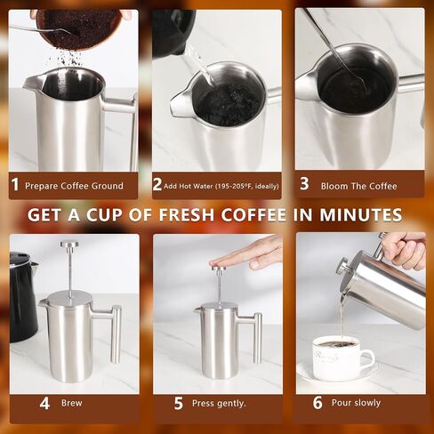 French Press Coffee Maker, Sturdy Insulated Coffee Press, Stainless Steel Mini Camping Coffee Maker, Small French Press, Elegant Travel Coffee Pot, 1-2 Cup Capacity, Silver 12 OZ/350ml in Saudi Arabia