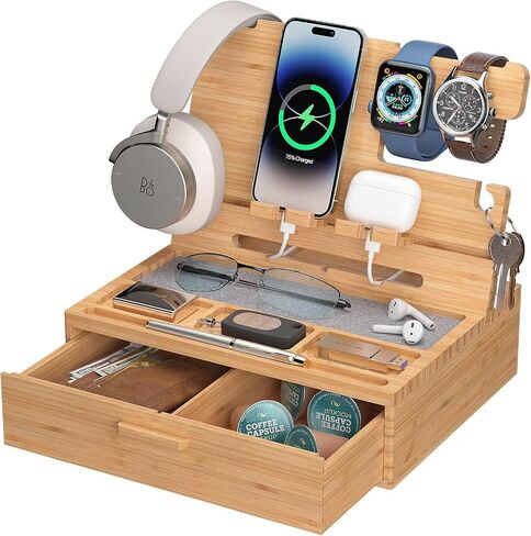 Pezin & Hulin Wood Nightstand Organizer Tray, Bamboo Phone Docking Station with Drawer, Bedside Valet Tray for Multi-Device, Ideal for Husband Him Boyfriend Graduation Christmas (Natural) in Kuwait