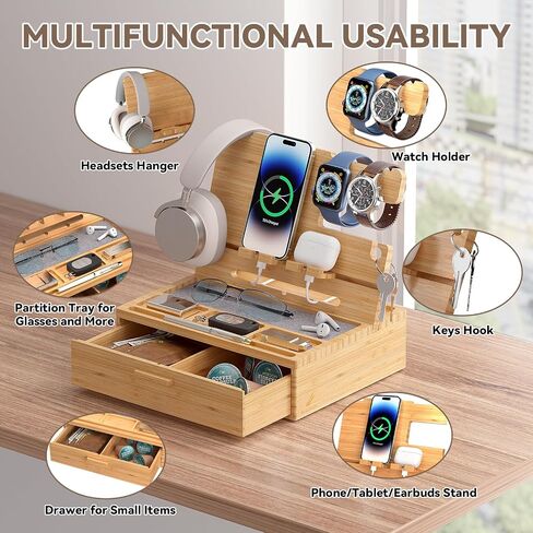 Pezin & Hulin Wood Nightstand Organizer Tray, Bamboo Phone Docking Station with Drawer, Bedside Valet Tray for Multi-Device, Ideal for Husband Him Boyfriend Graduation Christmas (Natural) in Kuwait