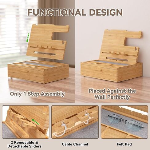 Pezin & Hulin Wood Nightstand Organizer Tray, Bamboo Phone Docking Station with Drawer, Bedside Valet Tray for Multi-Device, Ideal for Husband Him Boyfriend Graduation Christmas (Natural) in Kuwait