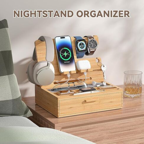 Pezin & Hulin Wood Nightstand Organizer Tray, Bamboo Phone Docking Station with Drawer, Bedside Valet Tray for Multi-Device, Ideal for Husband Him Boyfriend Graduation Christmas (Natural) in Kuwait