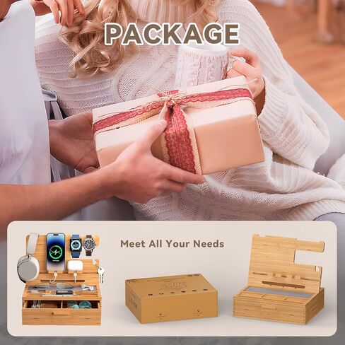 Pezin & Hulin Wood Nightstand Organizer Tray, Bamboo Phone Docking Station with Drawer, Bedside Valet Tray for Multi-Device, Ideal for Husband Him Boyfriend Graduation Christmas (Natural) in Kuwait