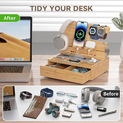 Pezin & Hulin Wood Nightstand Organizer Tray, Bamboo Phone Docking Station with Drawer, Bedside Valet Tray for Multi-Device, Ideal for Husband Him Boyfriend Graduation Christmas (Natural) in Kuwait