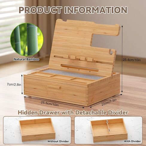 Pezin & Hulin Wood Nightstand Organizer Tray, Bamboo Phone Docking Station with Drawer, Bedside Valet Tray for Multi-Device, Ideal for Husband Him Boyfriend Graduation Christmas (Natural) in Kuwait