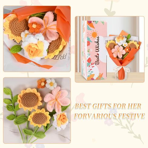 Crochet Flowers Gifts for Women,Flowers Gifts for Mom Wife, 7Pcs Handmade Completed Crochet Flowers Bouquet for Women Best Friend Girlfriend Anniversary Graduation Day Wedding Home in Saudi Arabia