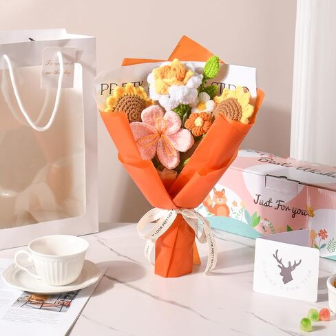 Crochet Flowers Gifts for Women,Flowers Gifts for Mom Wife, 7Pcs Handmade Completed Crochet Flowers Bouquet for Women Best Friend Girlfriend Anniversary Graduation Day Wedding Home in Saudi Arabia