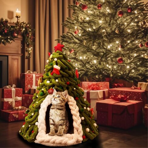 Christmas Tree Cat House, DIY Felt Christmas Tree Cat Bed Set with Decoration, Hideaway House for Cats and Kittens, Make Your Own Pet Indoor Teepee, Christmas Decorations for Family and Friends (A) in Kuwait