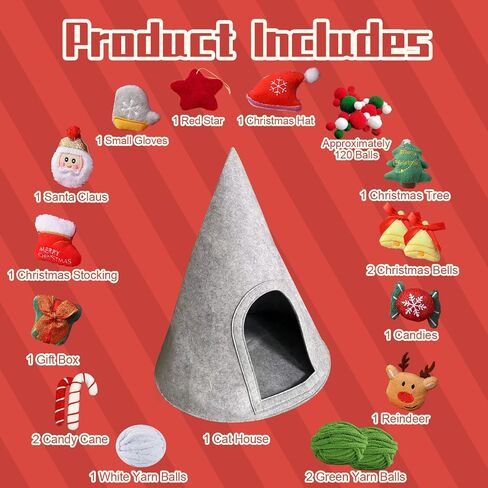 Christmas Tree Cat House, DIY Felt Christmas Tree Cat Bed Set with Decoration, Hideaway House for Cats and Kittens, Make Your Own Pet Indoor Teepee, Christmas Decorations for Family and Friends (A) in Kuwait